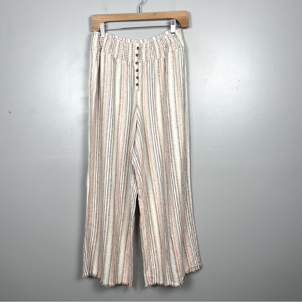 Cato linen blend ivory peach & green striped smocked waist wide leg pants, Med.